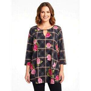 MILEAGE Womens Top plus 2X Black Pink Floral Plaid 3/4 Slv Keyhole cottagecore